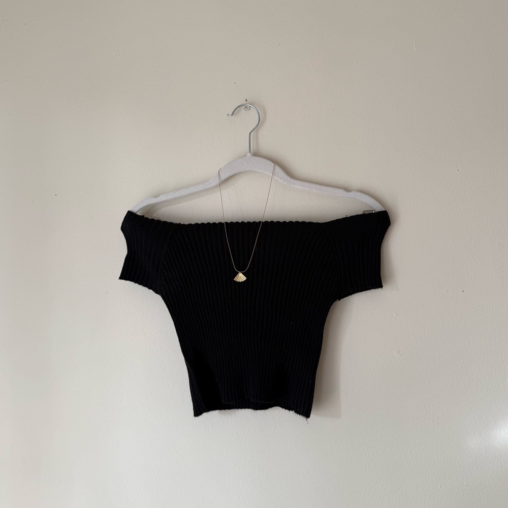 Off Shoulder Black Ribbed Knit Top